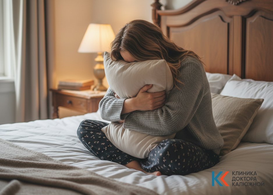 Девушка обнимает подушку